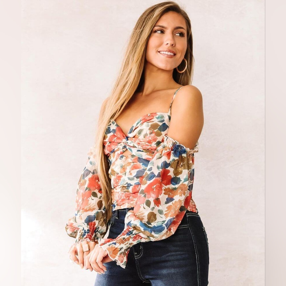 A. Peach Floral Chiffon Top Size S